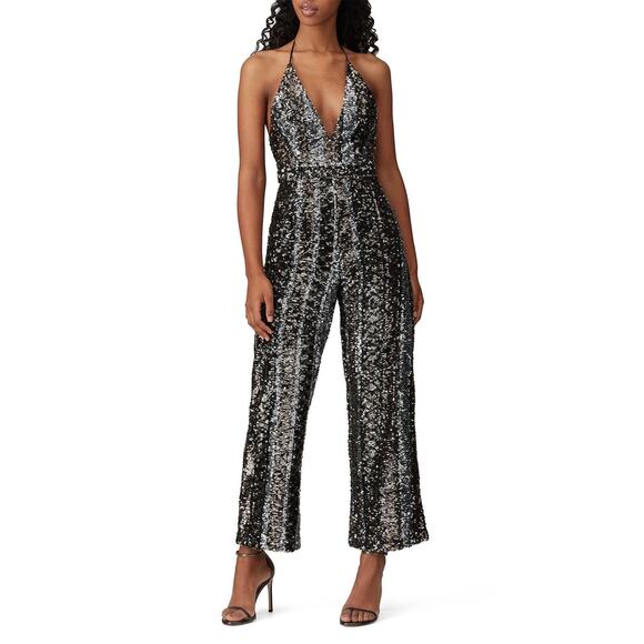 BARDOT Black Sequin Disco Deep V-Neck Halter Tie Center Back Jumpsuit sz US 8 - Picture 1 of 16